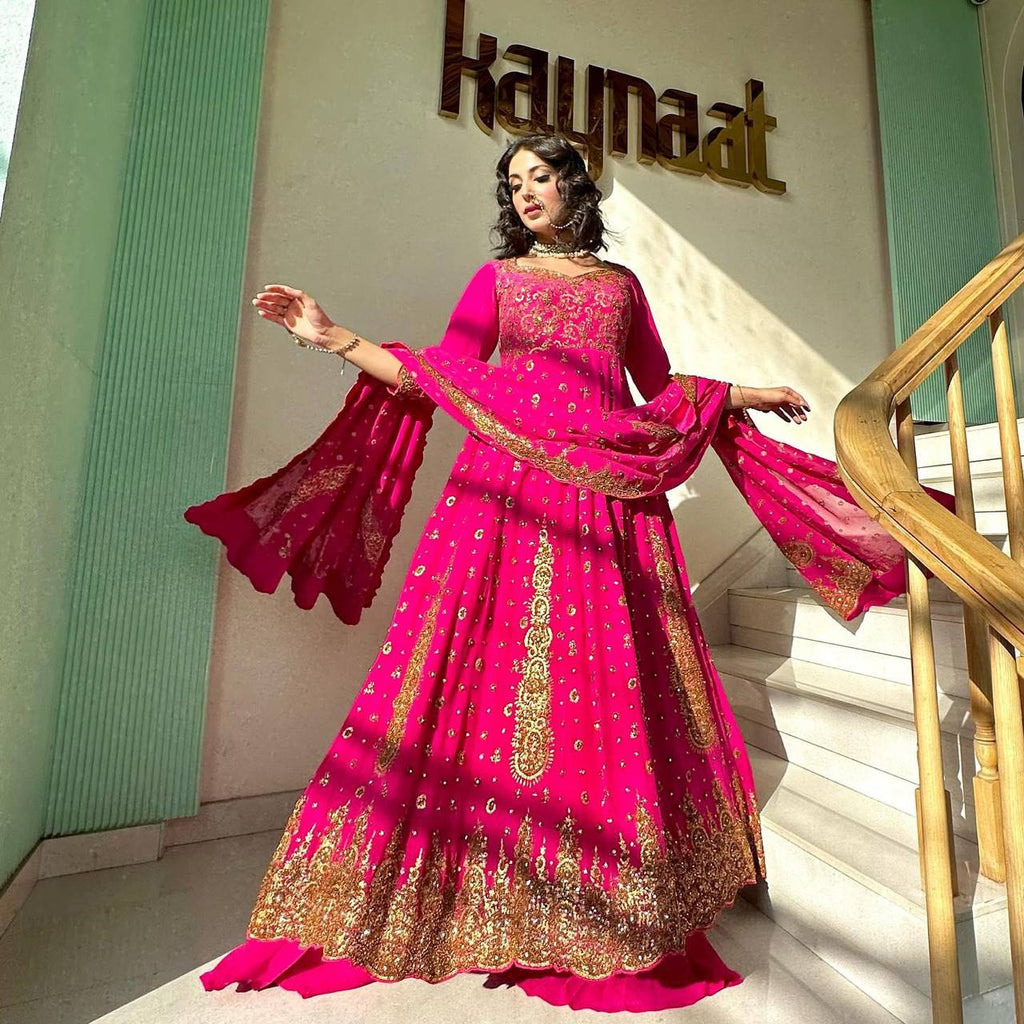 Pink Glam Fox Georgette Long Flared Anarkali with Plazo & Dupatta – Zari & Sequence ClothsVilla