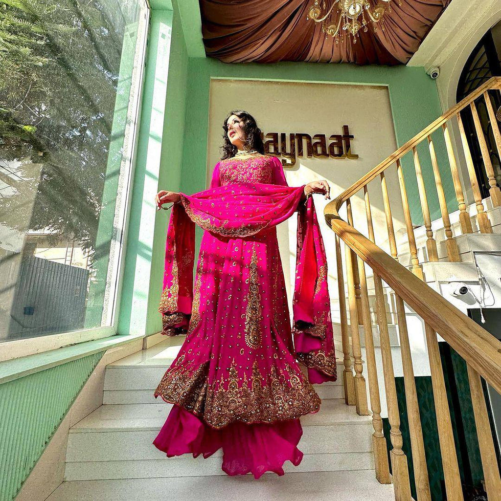 Pink Glam Fox Georgette Long Flared Anarkali with Plazo & Dupatta – Zari & Sequence ClothsVilla