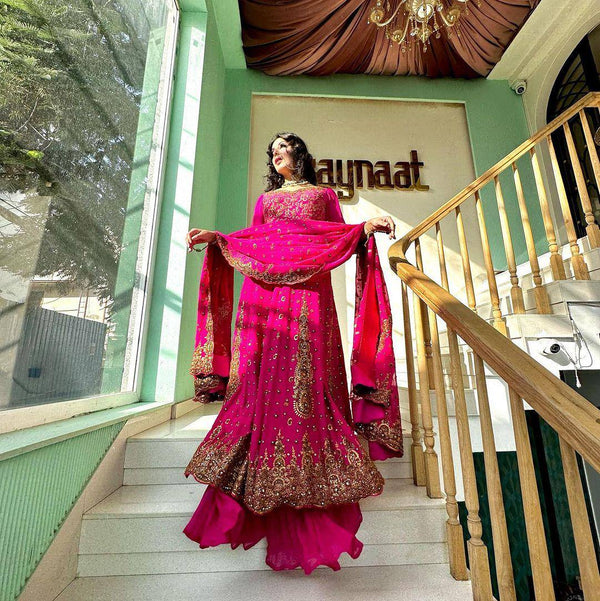 Pink Glam Fox Georgette Long Flared Anarkali with Plazo & Dupatta – Zari & Sequence ClothsVilla