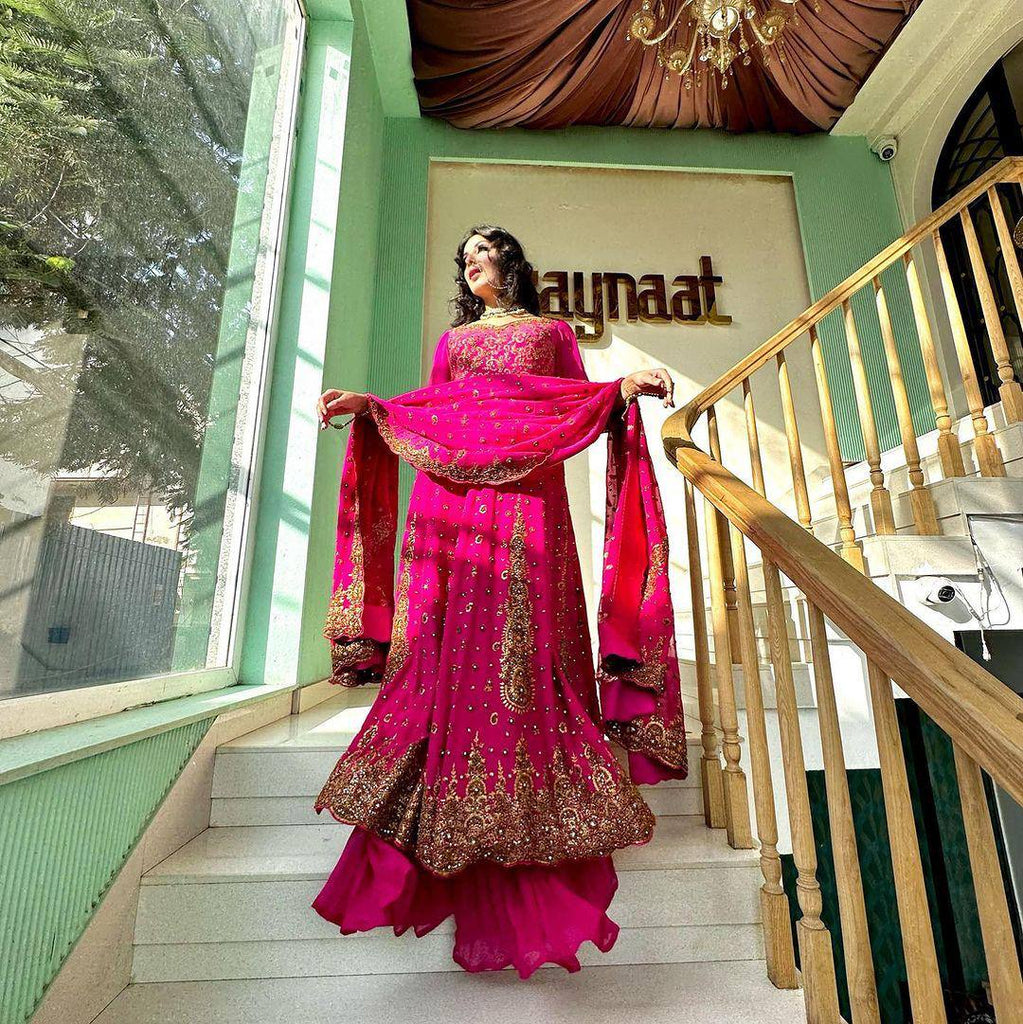 Pink Glam Fox Georgette Long Flared Anarkali with Plazo & Dupatta – Zari & Sequence ClothsVilla