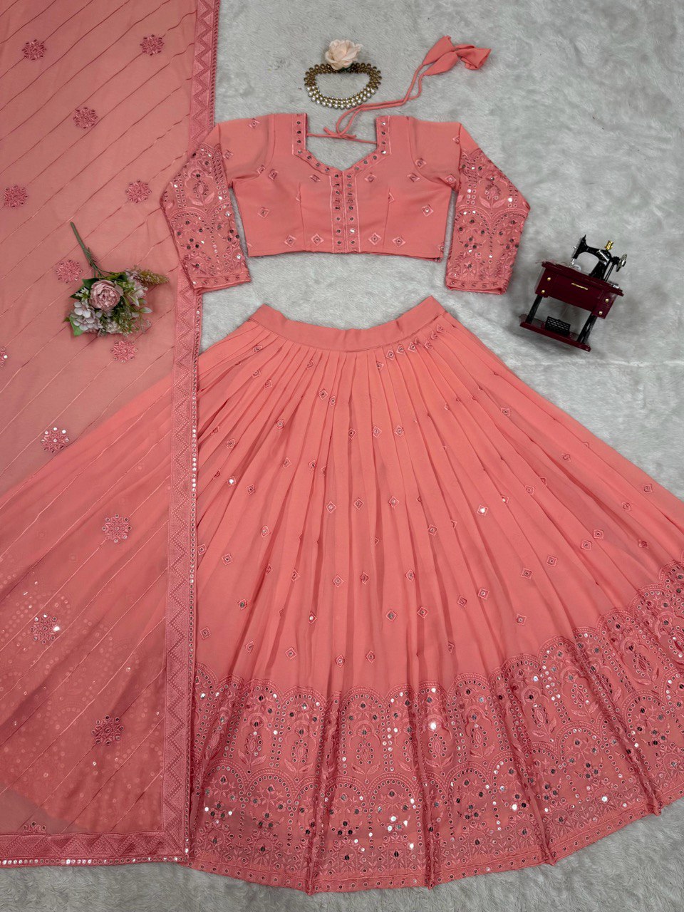 Pink Glamorous Faux Georgette Lehenga Choli Set with Sequin Embroidery & Dupatta ClothsVilla