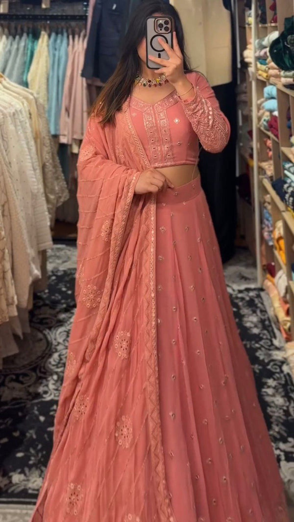 Pink Glamorous Faux Georgette Lehenga Choli Set with Sequin Embroidery & Dupatta ClothsVilla