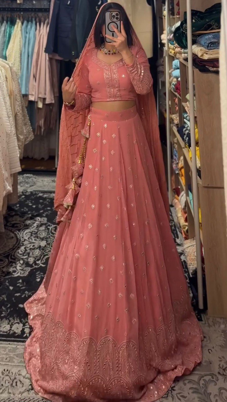 Pink Glamorous Faux Georgette Lehenga Choli Set with Sequin Embroidery & Dupatta ClothsVilla