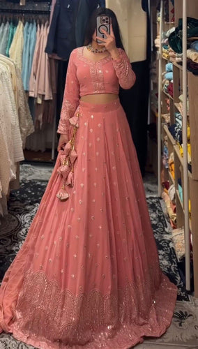 Pink Glamorous Faux Georgette Lehenga Choli Set with Sequin Embroidery & Dupatta ClothsVilla