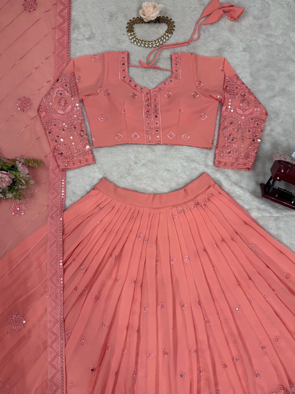 Pink Glamorous Faux Georgette Lehenga Choli Set with Sequin Embroidery & Dupatta ClothsVilla