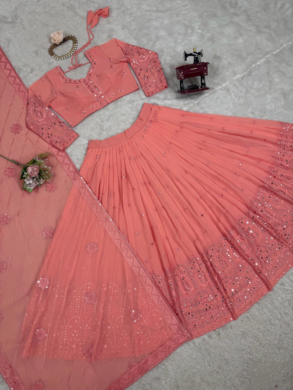 Pink Glamorous Faux Georgette Lehenga Choli Set with Sequin Embroidery & Dupatta ClothsVilla