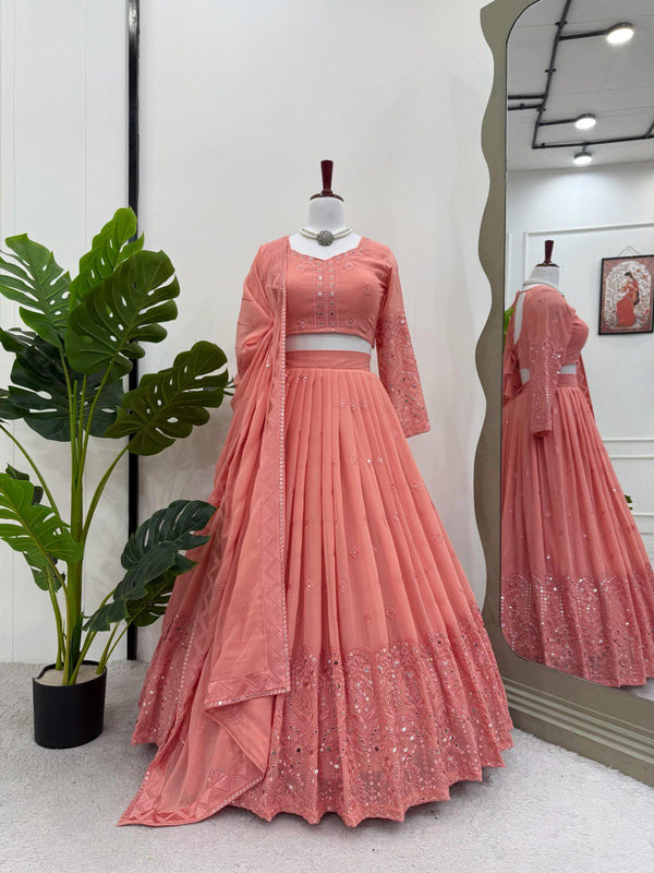 Pink Glamorous Faux Georgette Lehenga Choli Set with Sequin Embroidery & Dupatta ClothsVilla