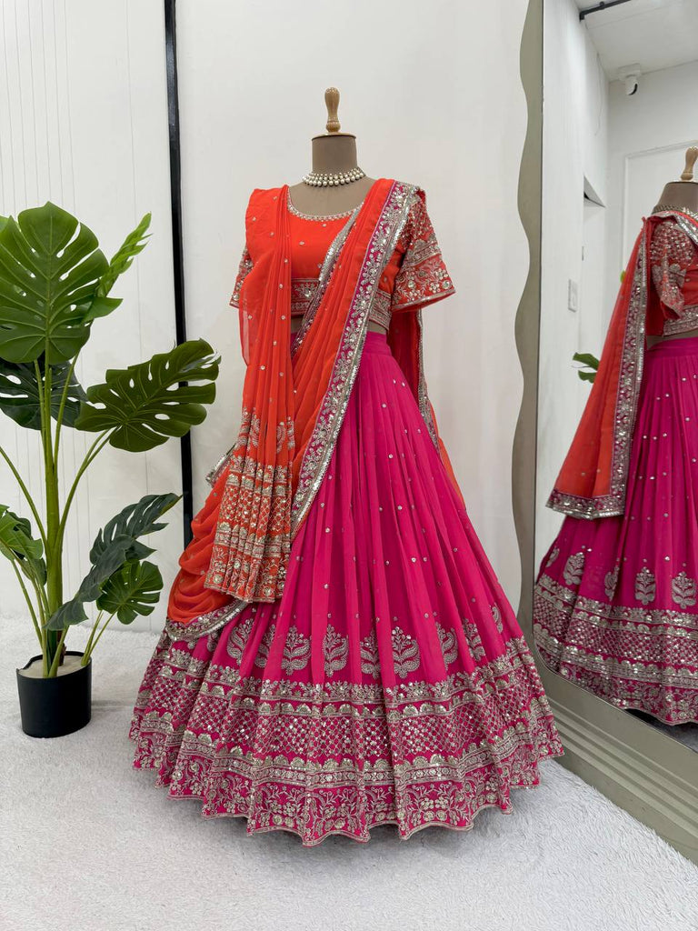 Pink Glamorous Faux Georgette Lehenga Choli with Dual Dupatta Thread & Sequin Embroidery  Premium Festive Wear ClothsVilla