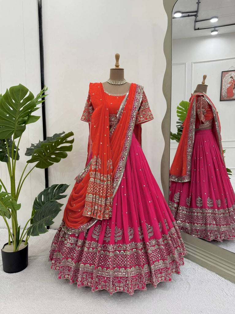 Pink Glamorous Faux Georgette Lehenga Choli with Dual Dupatta Thread & Sequin Embroidery  Premium Festive Wear ClothsVilla
