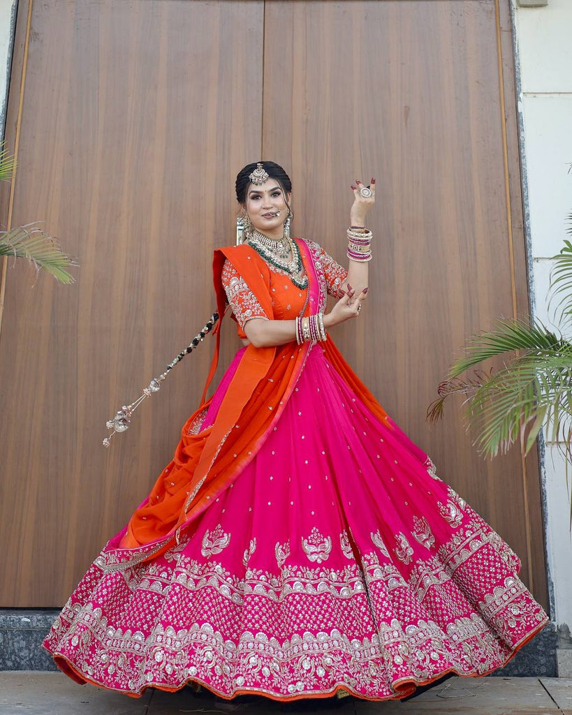 Pink Glamorous Faux Georgette Lehenga Choli with Dual Dupatta Thread & Sequin Embroidery  Premium Festive Wear ClothsVilla