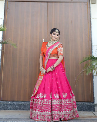 Pink Glamorous Faux Georgette Lehenga Choli with Dual Dupatta Thread & Sequin Embroidery  Premium Festive Wear ClothsVilla