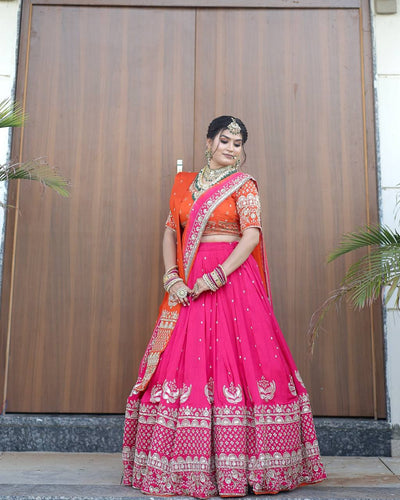 Pink Glamorous Faux Georgette Lehenga Choli with Dual Dupatta Thread & Sequin Embroidery  Premium Festive Wear ClothsVilla
