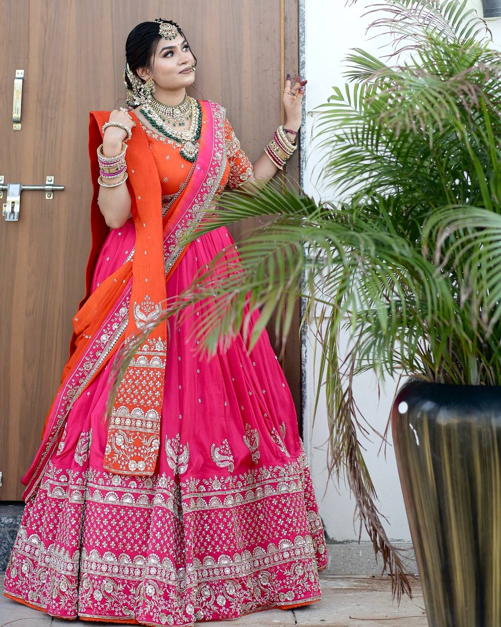 Pink Glamorous Faux Georgette Lehenga Choli with Dual Dupatta Thread & Sequin Embroidery  Premium Festive Wear ClothsVilla