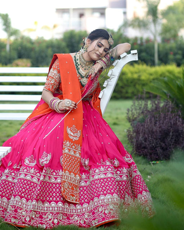 Pink Glamorous Faux Georgette Lehenga Choli with Dual Dupatta Thread & Sequin Embroidery  Premium Festive Wear ClothsVilla