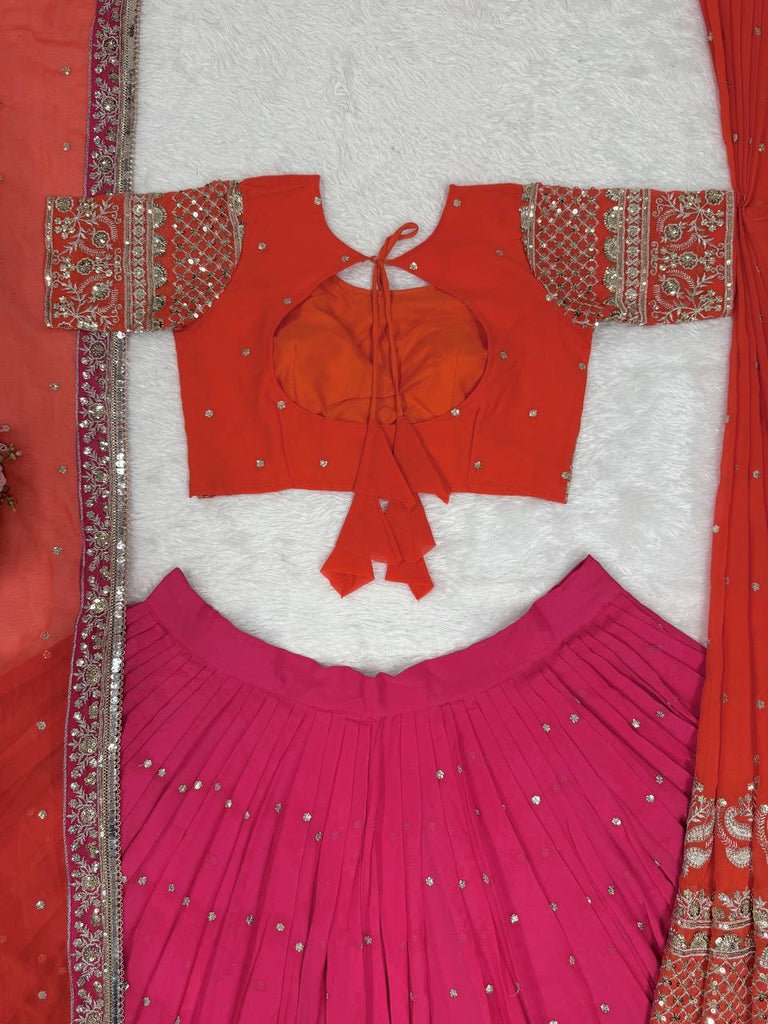 Pink Glamorous Faux Georgette Lehenga Choli with Dual Dupatta Thread & Sequin Embroidery  Premium Festive Wear ClothsVilla
