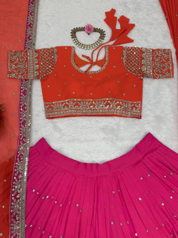 Pink Glamorous Faux Georgette Lehenga Choli with Dual Dupatta Thread & Sequin Embroidery  Premium Festive Wear ClothsVilla