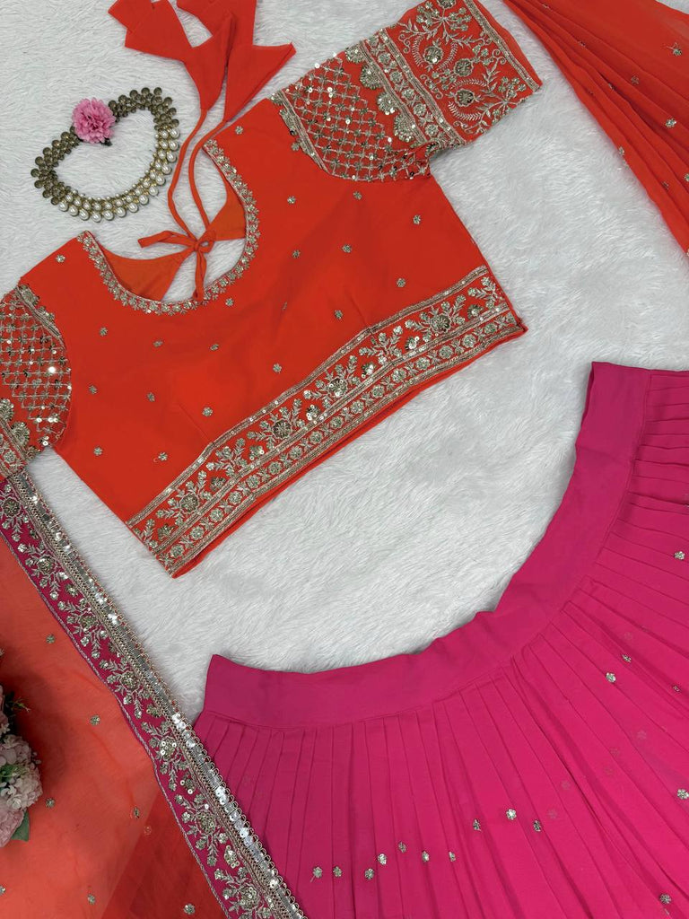 Pink Glamorous Faux Georgette Lehenga Choli with Dual Dupatta Thread & Sequin Embroidery  Premium Festive Wear ClothsVilla