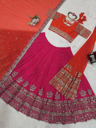 Pink Glamorous Faux Georgette Lehenga Choli with Dual Dupatta Thread & Sequin Embroidery  Premium Festive Wear ClothsVilla