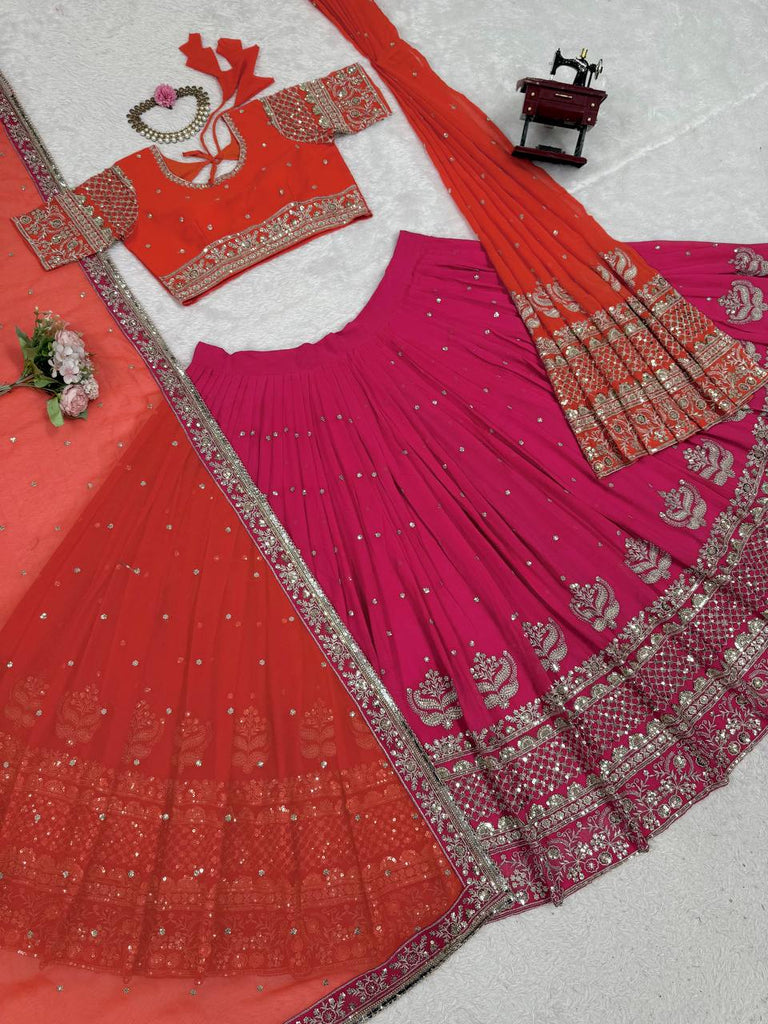 Pink Glamorous Faux Georgette Lehenga Choli with Dual Dupatta Thread & Sequin Embroidery  Premium Festive Wear ClothsVilla