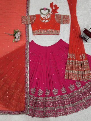 Pink Glamorous Faux Georgette Lehenga Choli with Dual Dupatta Thread & Sequin Embroidery  Premium Festive Wear ClothsVilla