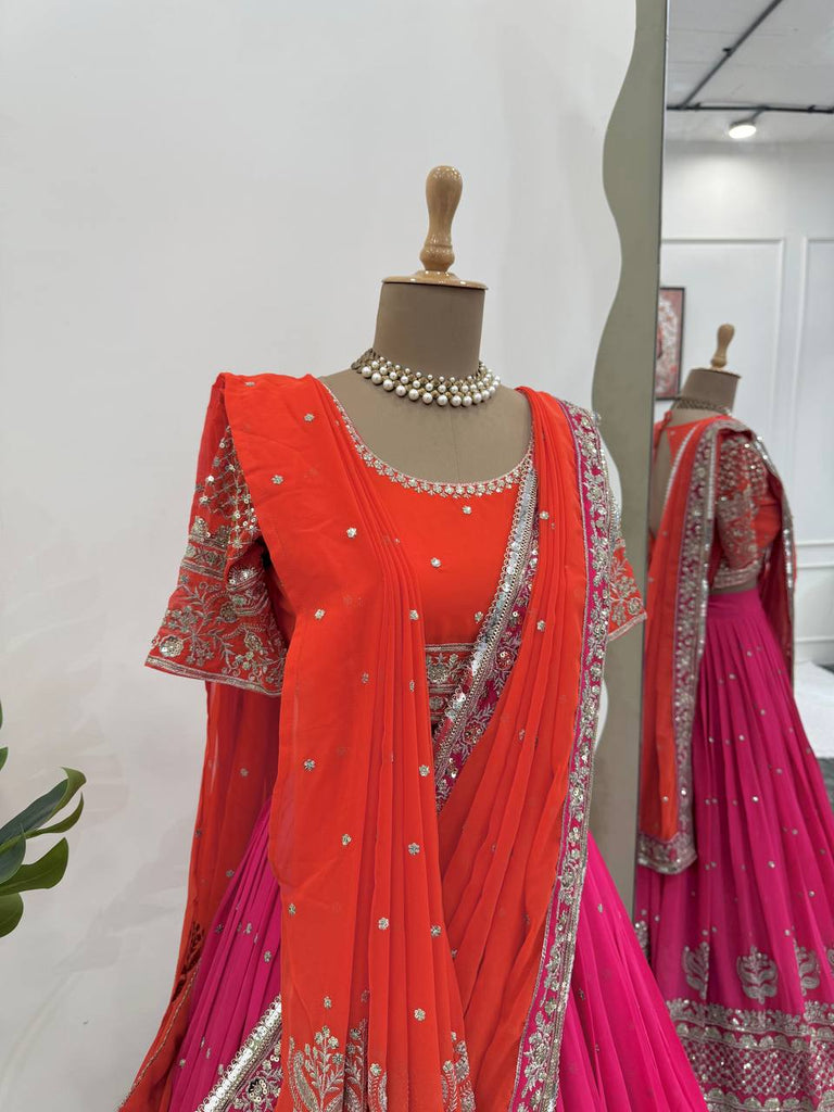 Pink Glamorous Faux Georgette Lehenga Choli with Dual Dupatta Thread & Sequin Embroidery  Premium Festive Wear ClothsVilla