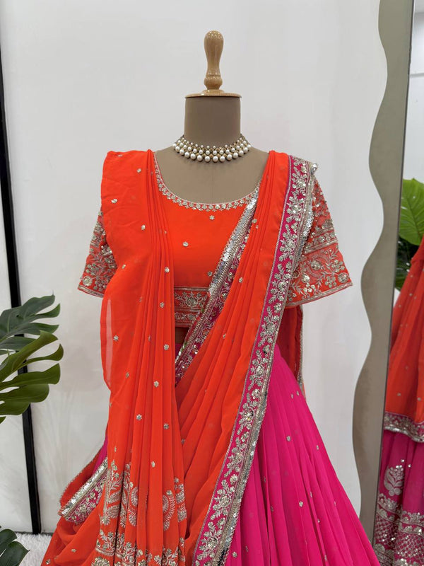 Pink Glamorous Faux Georgette Lehenga Choli with Dual Dupatta Thread & Sequin Embroidery  Premium Festive Wear ClothsVilla