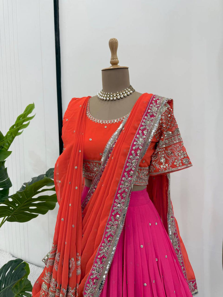 Pink Glamorous Faux Georgette Lehenga Choli with Dual Dupatta Thread & Sequin Embroidery  Premium Festive Wear ClothsVilla