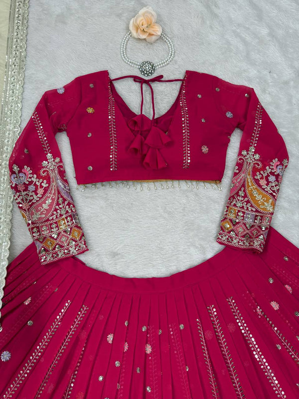 Pink Glamorous Faux Georgette Lehenga Set with Sequins & Thread Embroidery ClothsVilla