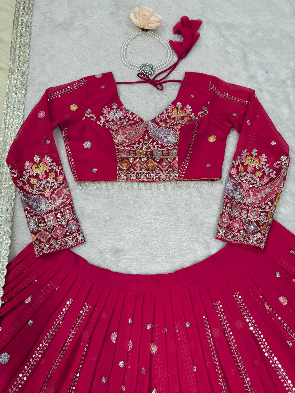 Pink Glamorous Faux Georgette Lehenga Set with Sequins & Thread Embroidery ClothsVilla