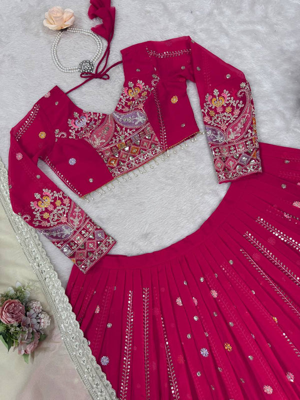 Pink Glamorous Faux Georgette Lehenga Set with Sequins & Thread Embroidery ClothsVilla