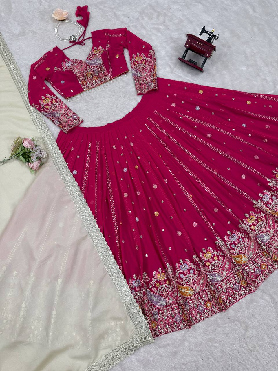 Pink Glamorous Faux Georgette Lehenga Set with Sequins & Thread Embroidery ClothsVilla