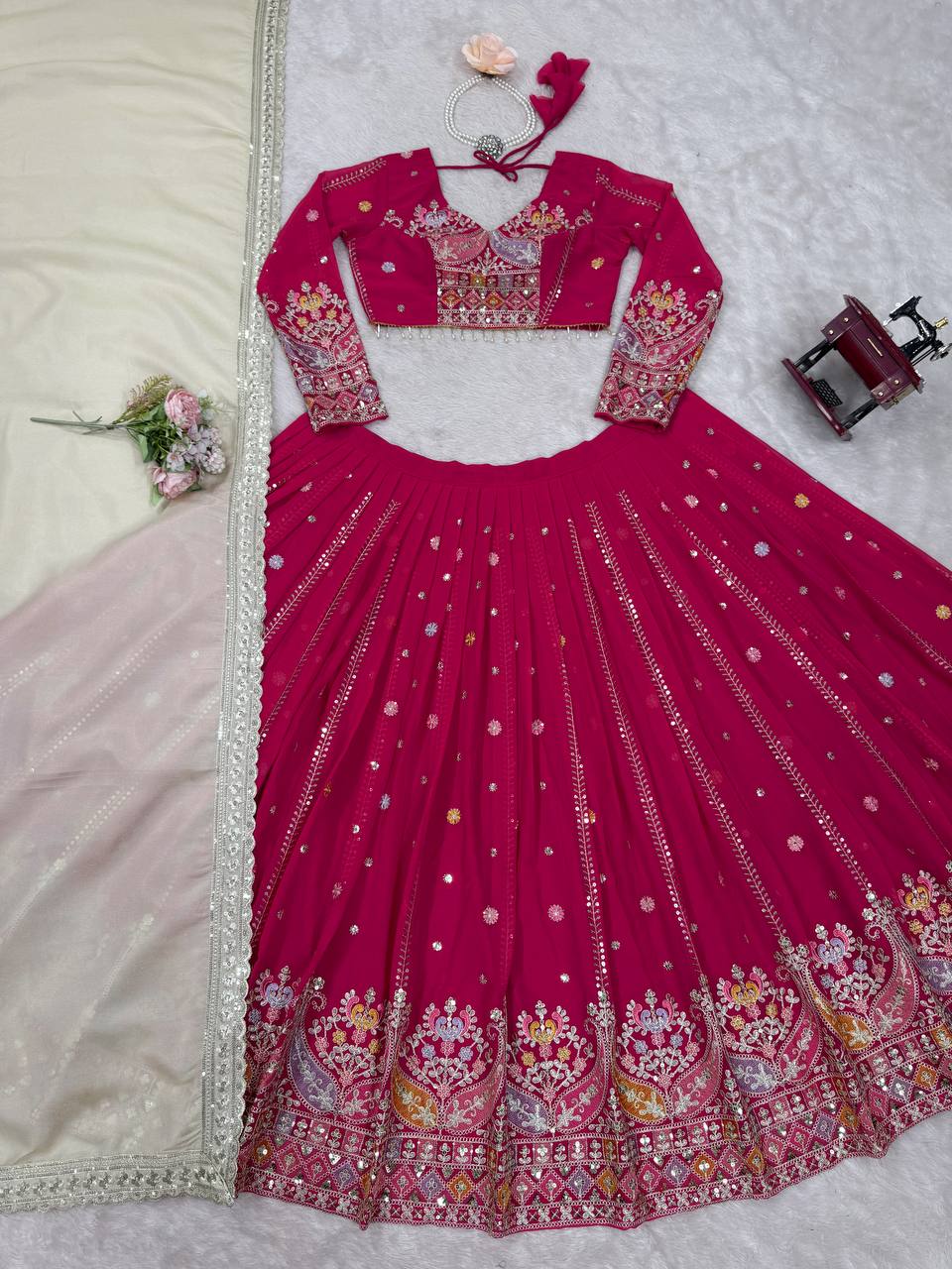 Pink Glamorous Faux Georgette Lehenga Set with Sequins & Thread Embroidery ClothsVilla