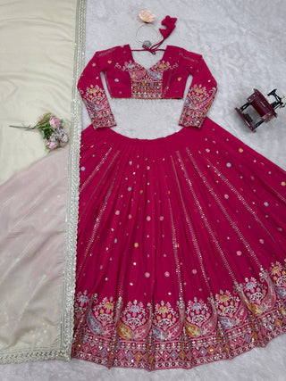Pink Glamorous Faux Georgette Lehenga Set with Sequins & Thread Embroidery ClothsVilla