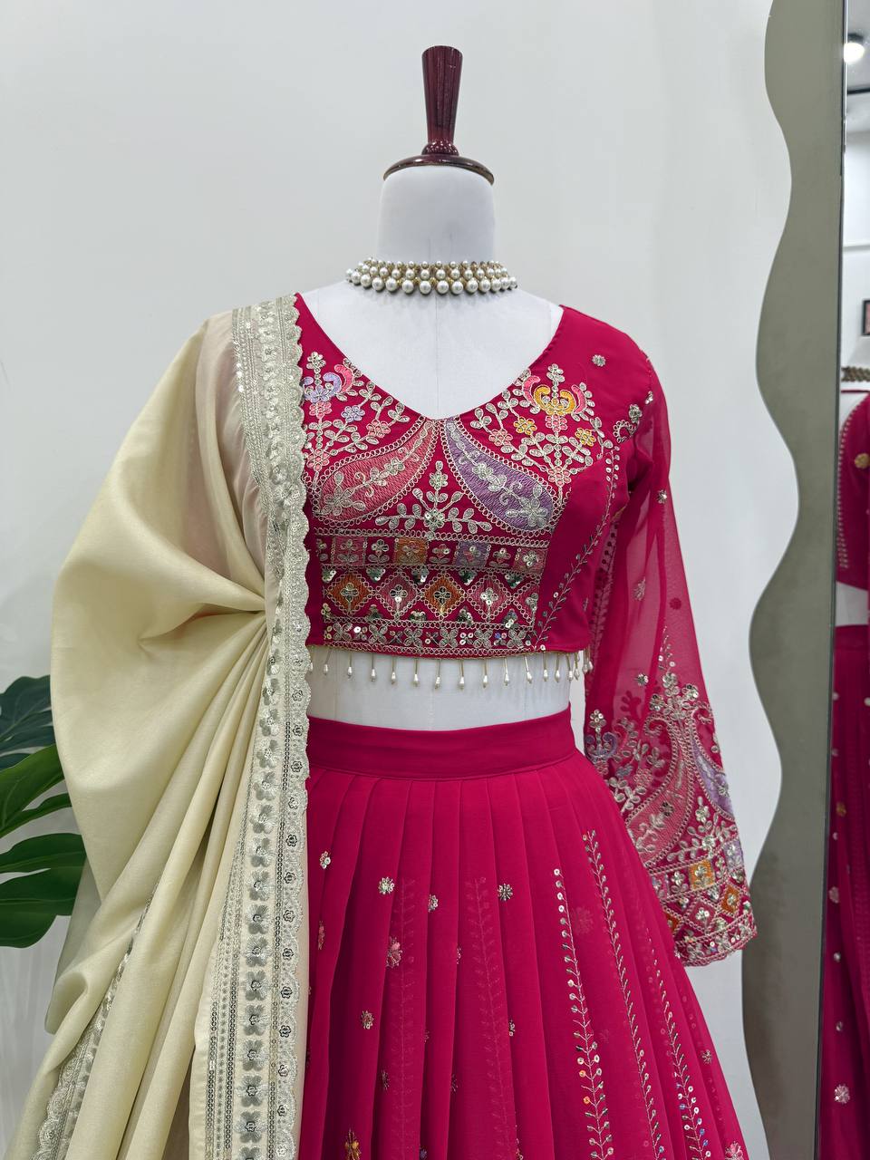 Pink Glamorous Faux Georgette Lehenga Set with Sequins & Thread Embroidery ClothsVilla