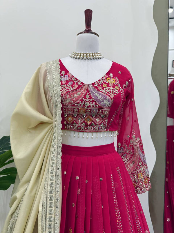 Pink Glamorous Faux Georgette Lehenga Set with Sequins & Thread Embroidery ClothsVilla