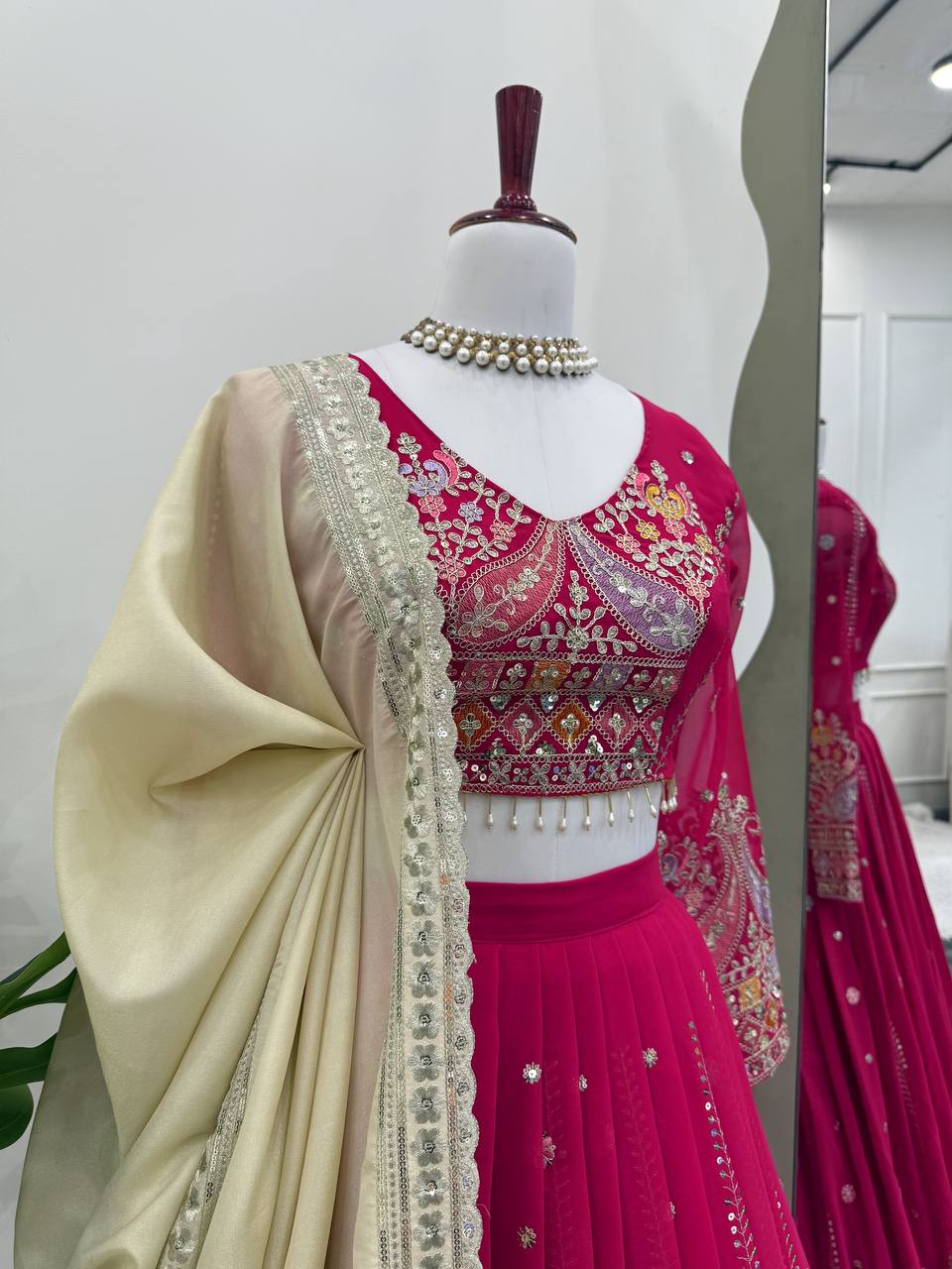 Pink Glamorous Faux Georgette Lehenga Set with Sequins & Thread Embroidery ClothsVilla