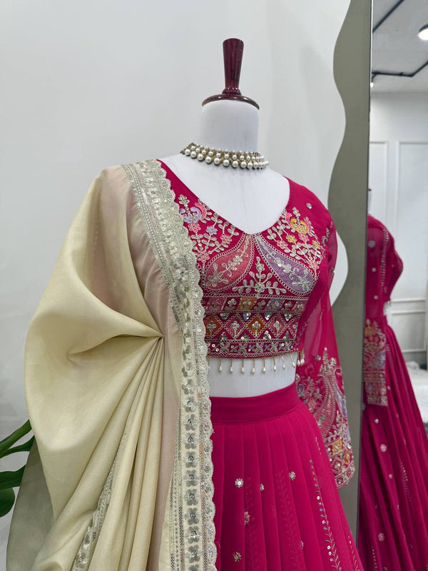 Pink Glamorous Faux Georgette Lehenga Set with Sequins & Thread Embroidery ClothsVilla