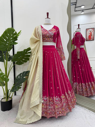 Pink Glamorous Faux Georgette Lehenga Set with Sequins & Thread Embroidery ClothsVilla