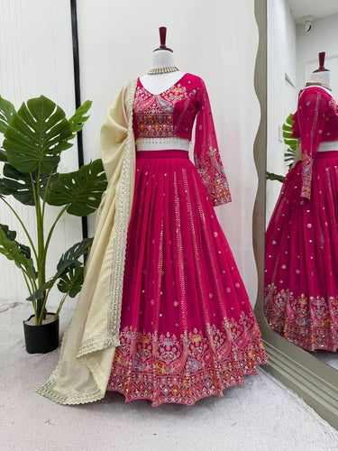 Pink Glamorous Faux Georgette Lehenga Set with Sequins & Thread Embroidery ClothsVilla