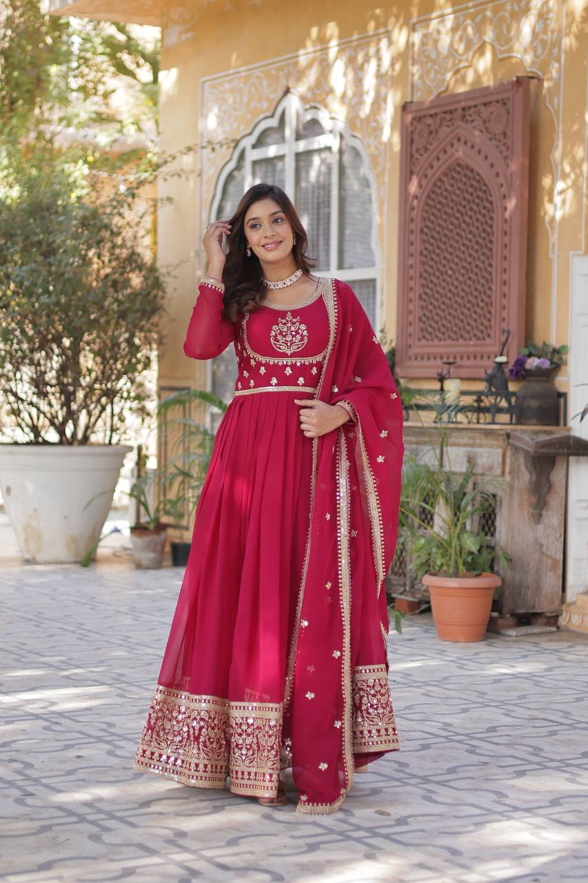 Pink Glamorous Sequins Embroidered Gown with Dupatta