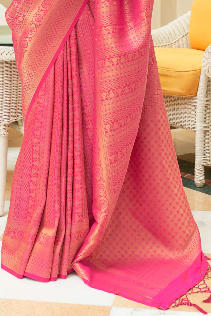 Pink Glossy Handloom Binny Silk Saree with Zari Weaving ClothsVilla