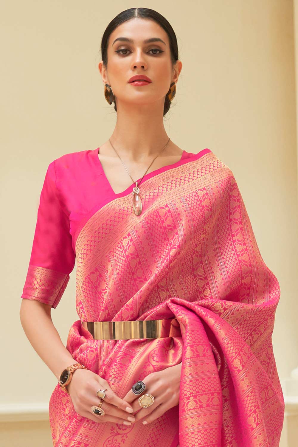 Pink Glossy Handloom Binny Silk Saree with Zari Weaving ClothsVilla