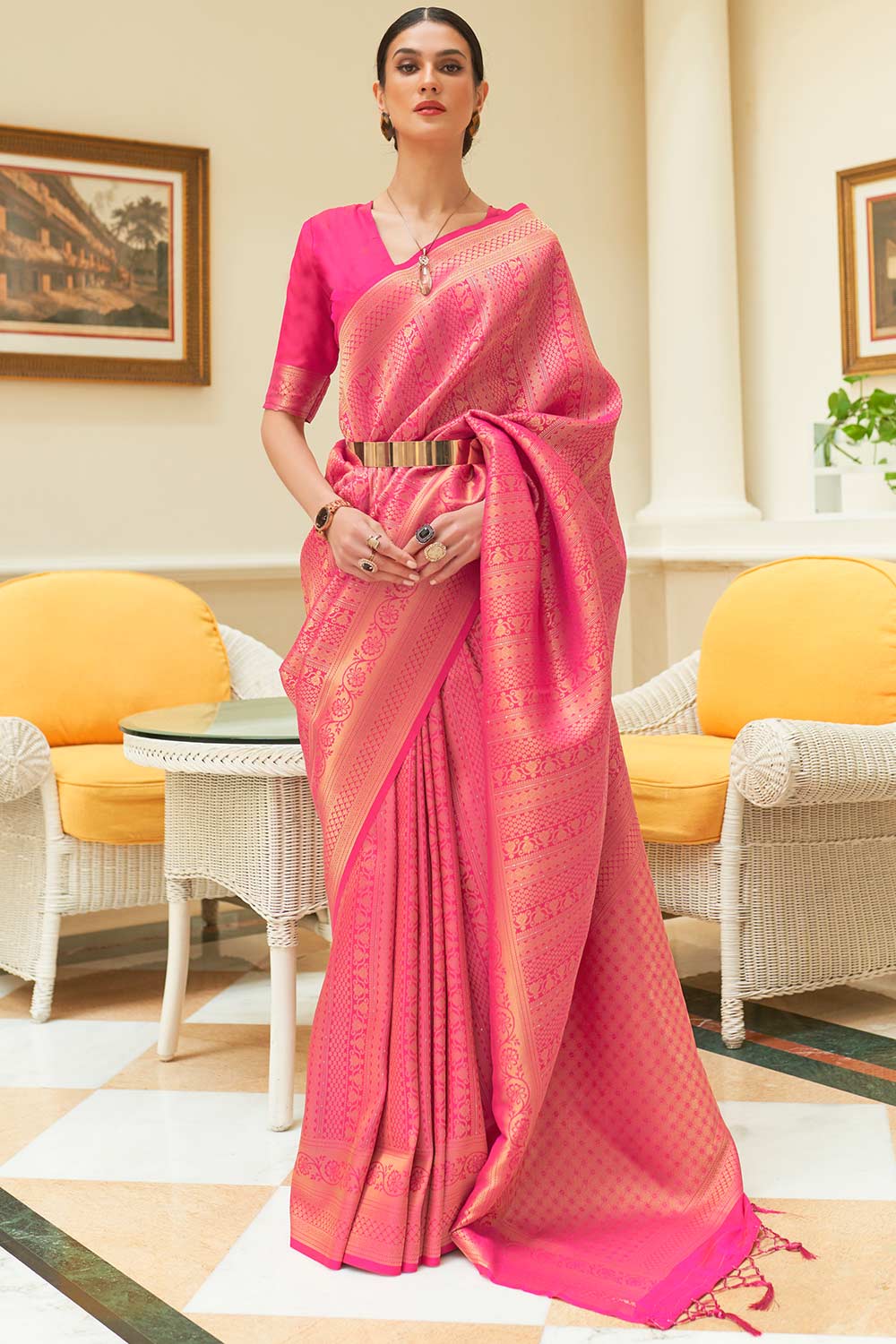 Pink Glossy Handloom Binny Silk Saree with Zari Weaving ClothsVilla Main image