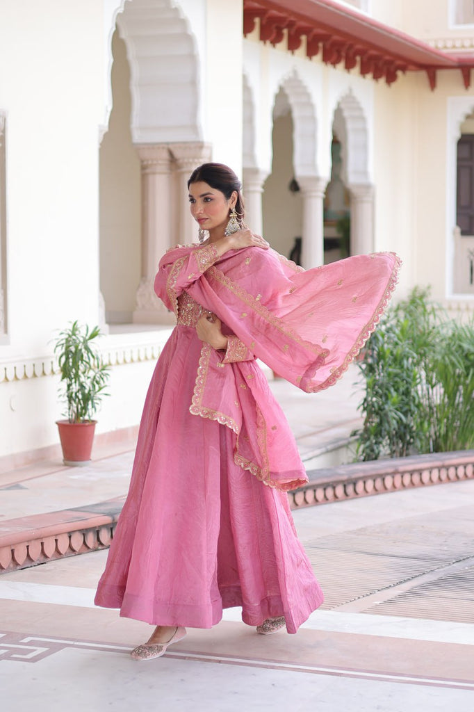Pink Gold Crush Anarkali Gown ClothsVilla