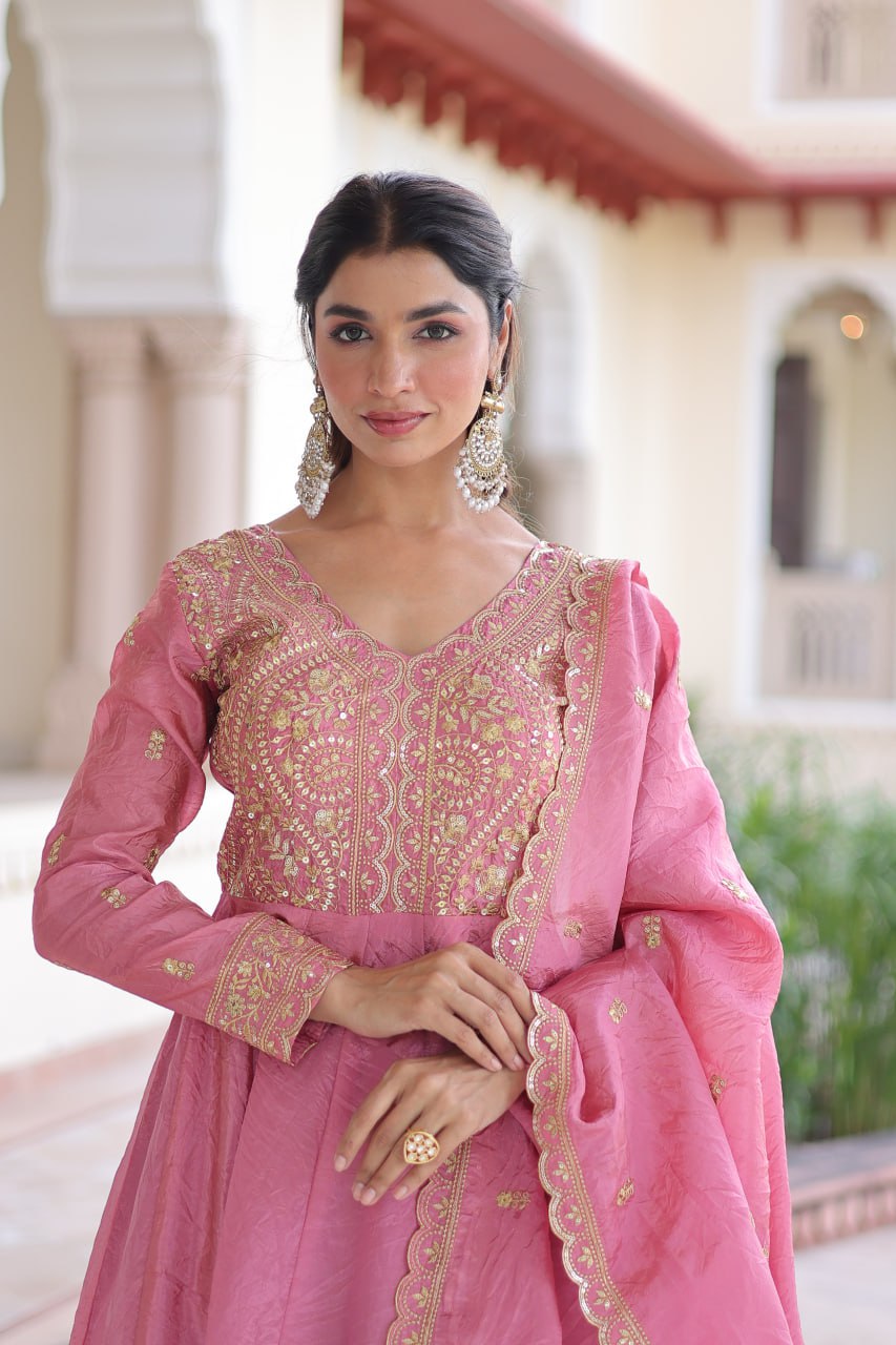 Pink Gold Crush Anarkali Gown ClothsVilla