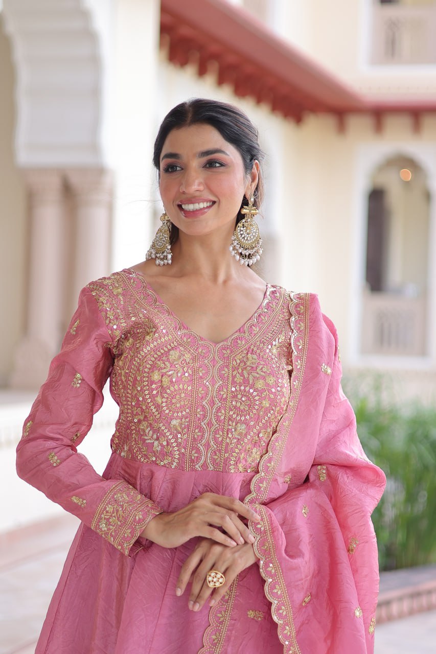 Pink Gold Crush Anarkali Gown ClothsVilla