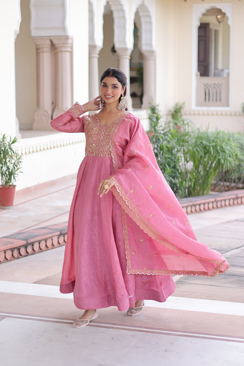 Pink Gold Crush Anarkali Gown ClothsVilla