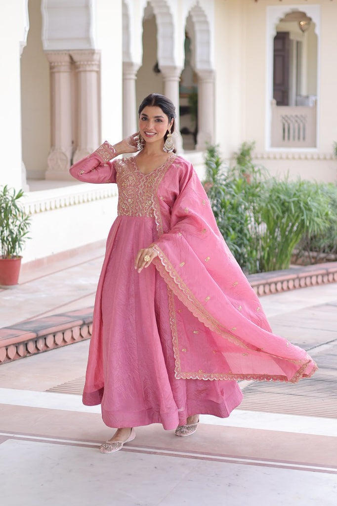 Pink Gold Crush Anarkali Gown ClothsVilla