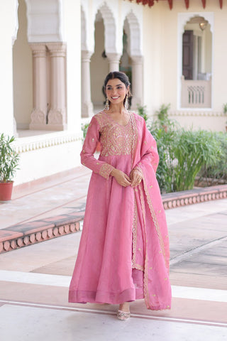 Pink Gold Crush Anarkali Gown ClothsVilla