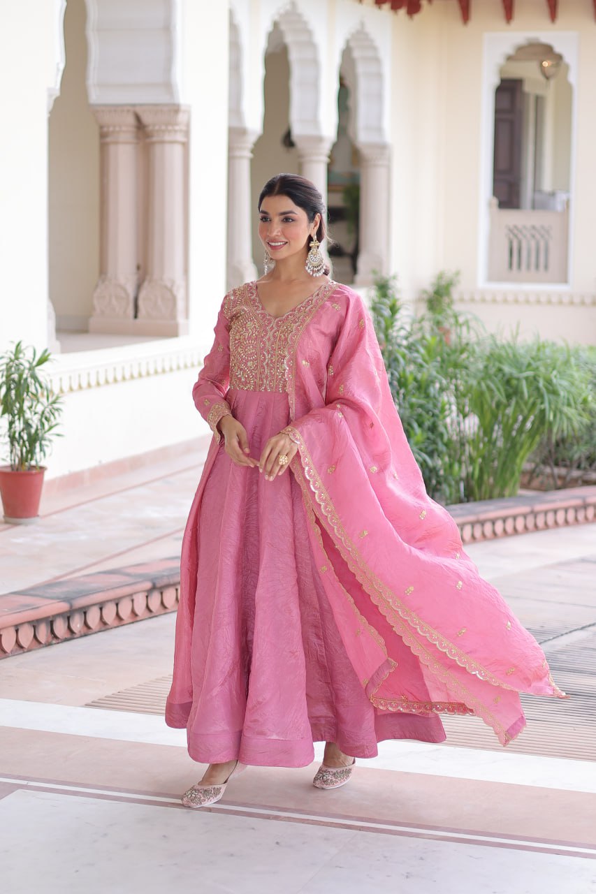 Pink Gold Crush Anarkali Gown ClothsVilla